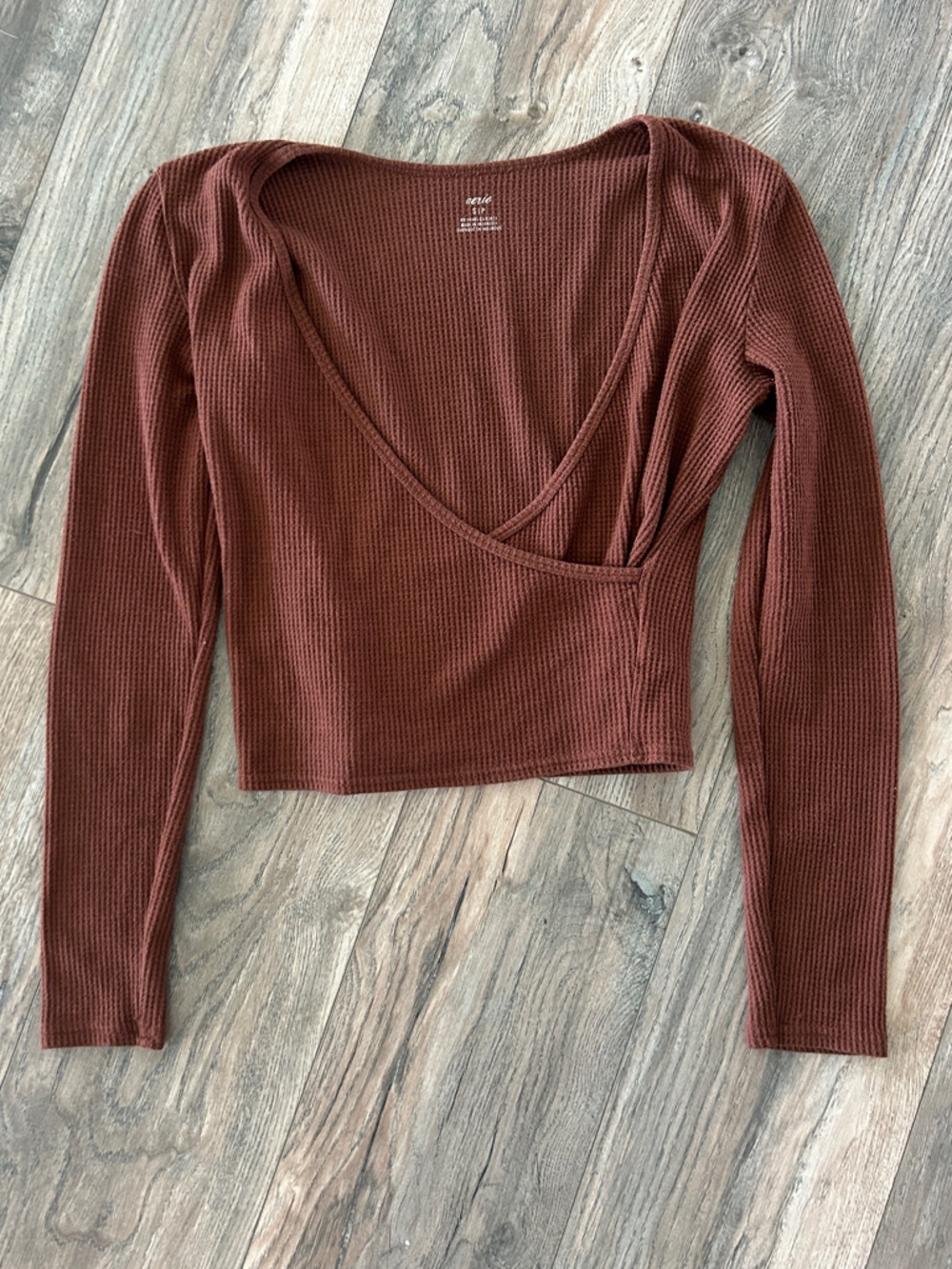 aerie Ribbed Long Sleeve V-Neck Top - Rust Brown wrap top ballerina core ballet